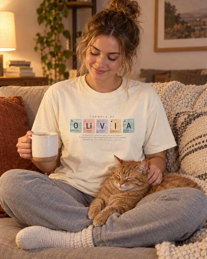 Woman on a sofa with her cat, cream tee with the formula of Olivia