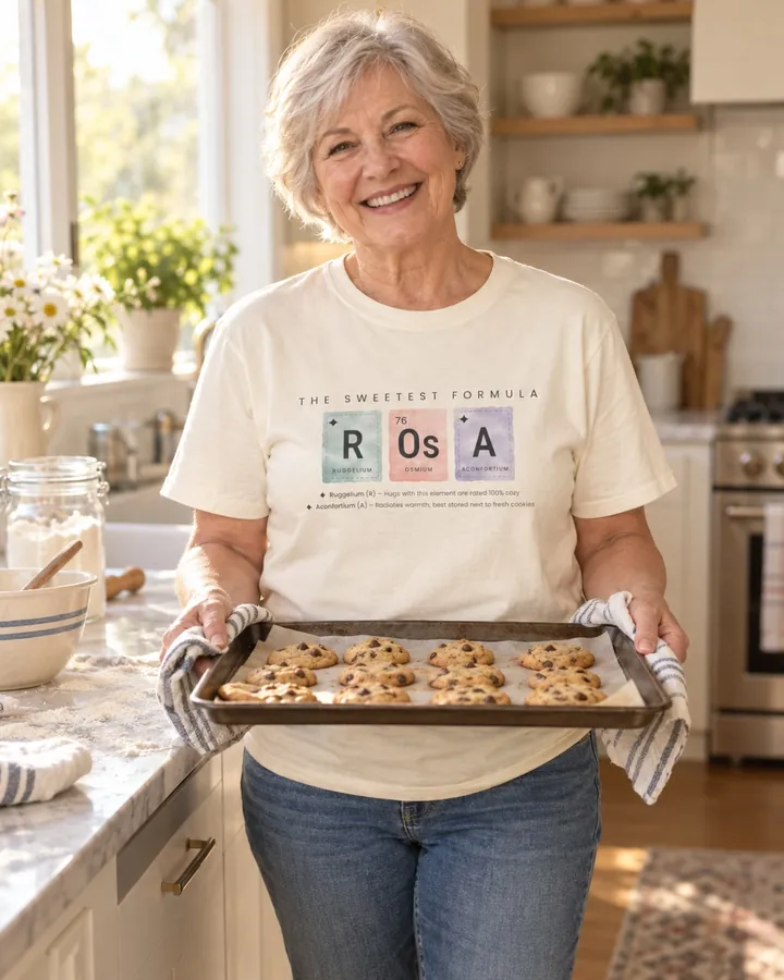 Grandmother holding a tray of cookies, her tee reads The Sweetest Formula, Rosa